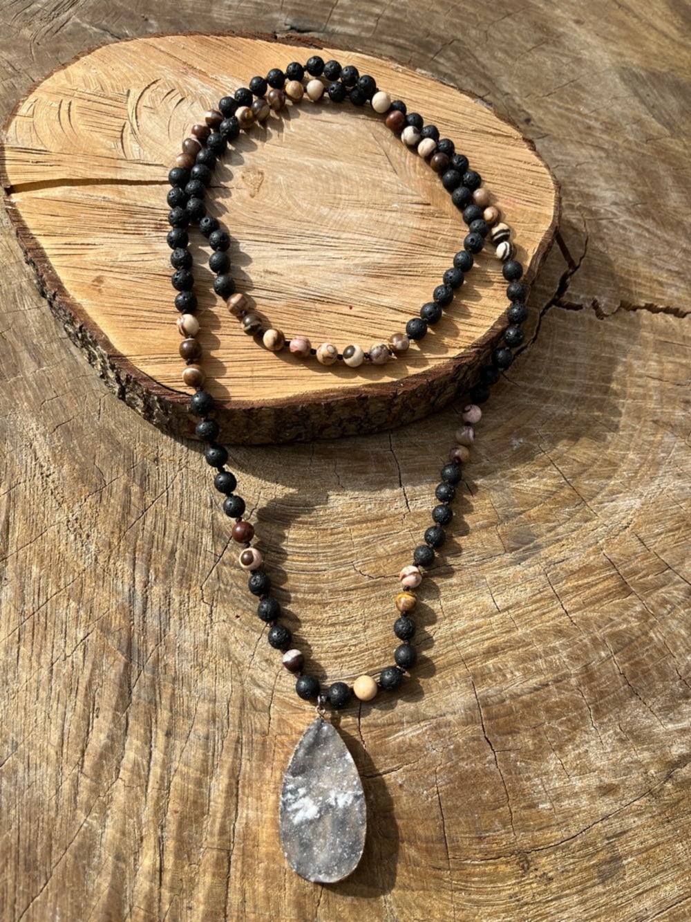 Boutique Boho Long Beaded Necklace Lava and Picture Jasper with Druzy Pendant